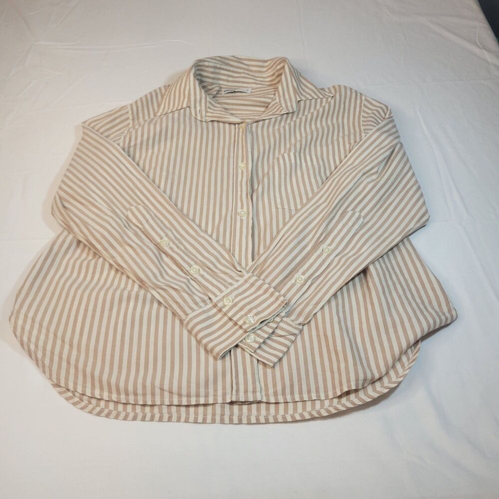 Sonoma Goods For Life M Perfect Length Shirt Women's Tan Striped Cotton Casual